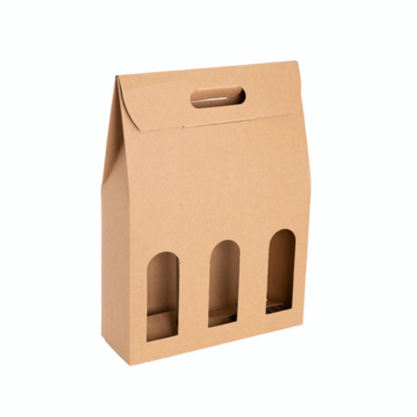 Triple Bottle Carrier Window Kraft Box Brown